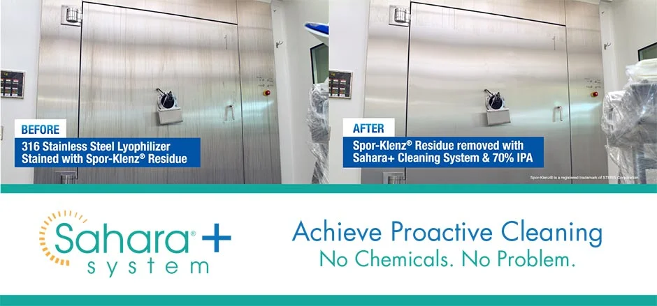 Banner with information and picture of durty and clean surface, after and before cleaning with Sahara+